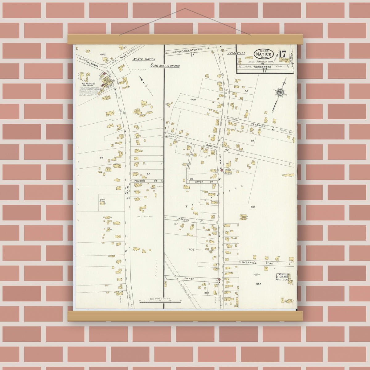 Old map wall art mockup — magnetic wood frame on brick wall — Sanborn Fire Insurance Map from Natick, Middlesex County, Massachusetts (1915), Sheet #0017