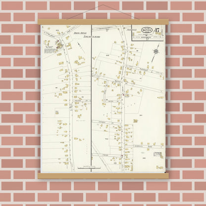 Old map wall art mockup — magnetic wood frame on brick wall — Sanborn Fire Insurance Map from Natick, Middlesex County, Massachusetts (1915), Sheet #0017