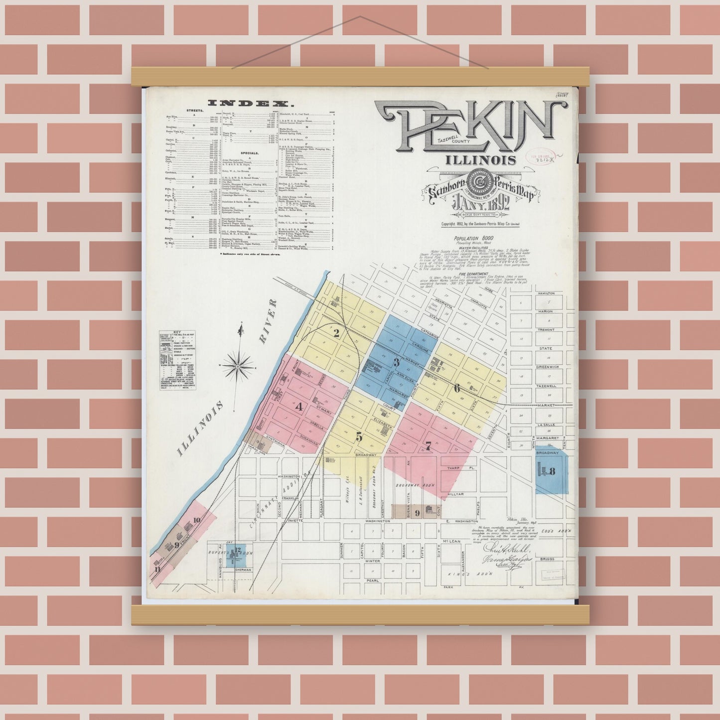Old map wall art mockup — magnetic wood frame on brick wall — Sanborn Fire Insurance Map from Pekin, Tazewell County, Illinois (1892) - Complete Map Set