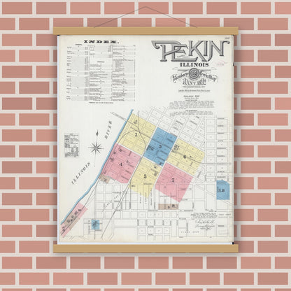 Old map wall art mockup — magnetic wood frame on brick wall — Sanborn Fire Insurance Map from Pekin, Tazewell County, Illinois (1892) - Complete Map Set