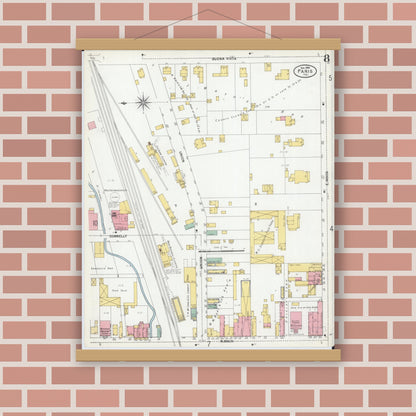 Old map wall art mockup — magnetic wood frame on brick wall — Sanborn Fire Insurance Map from Paris, Edgar County, Illinois (1900), Sheet #0008