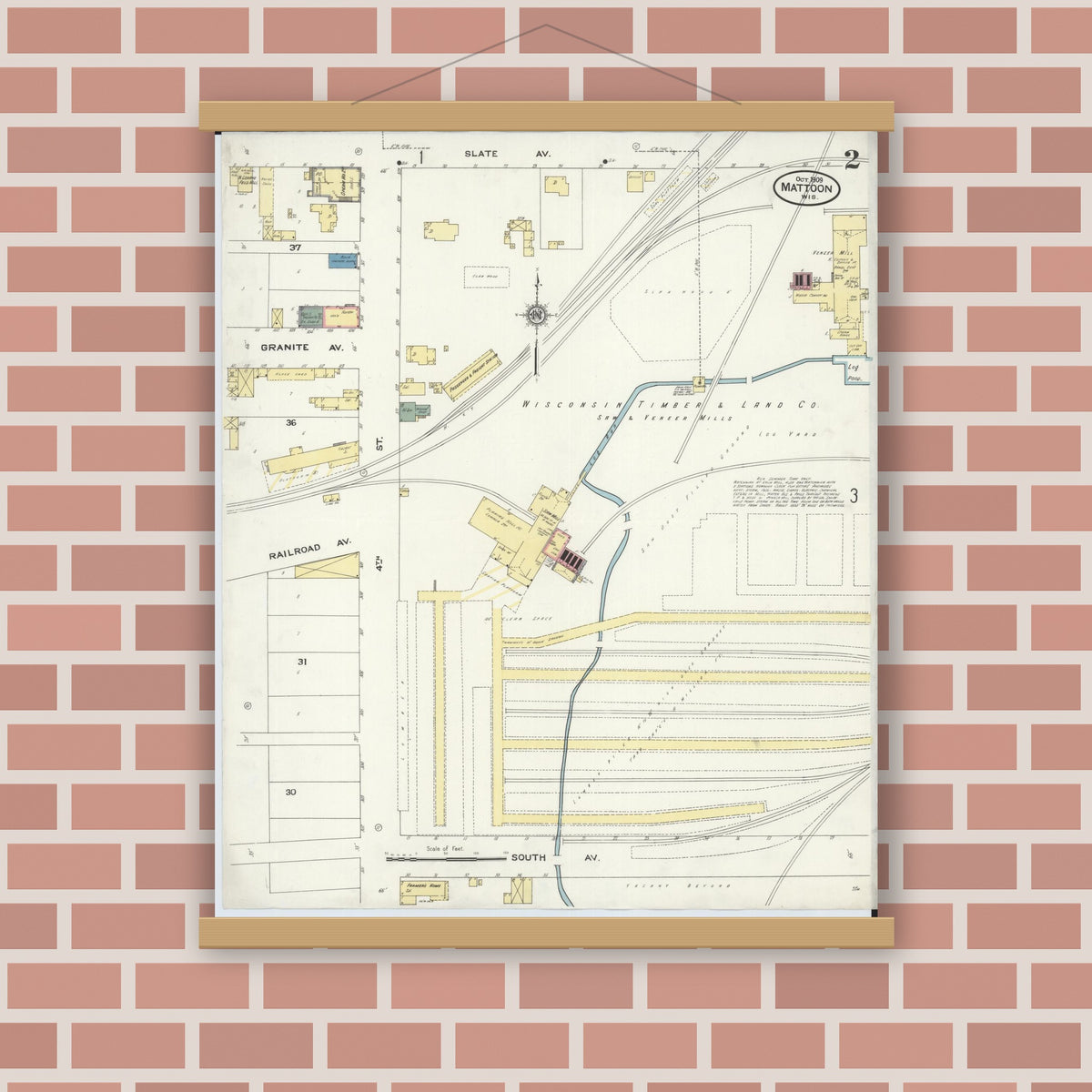 Old map wall art mockup — magnetic wood frame on brick wall — Sanborn Fire Insurance Map from Mattoon, Shawano County, Wisconsin (1909), Sheet #0002