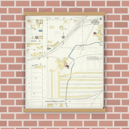 Old map wall art mockup — magnetic wood frame on brick wall — Sanborn Fire Insurance Map from Mattoon, Shawano County, Wisconsin (1909), Sheet #0002