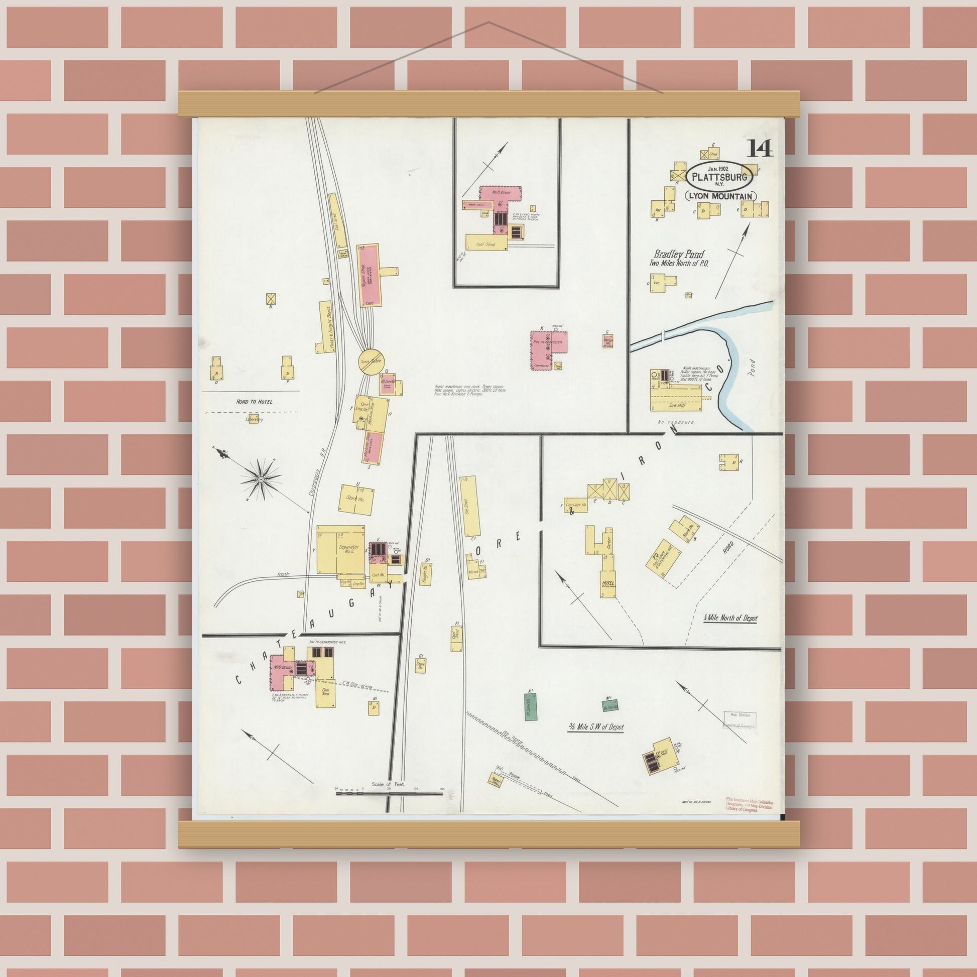 Old map wall art mockup — magnetic wood frame on brick wall — Sanborn Fire Insurance Map from Plattsburg, Clinton County, New York (1902), Sheet #0014