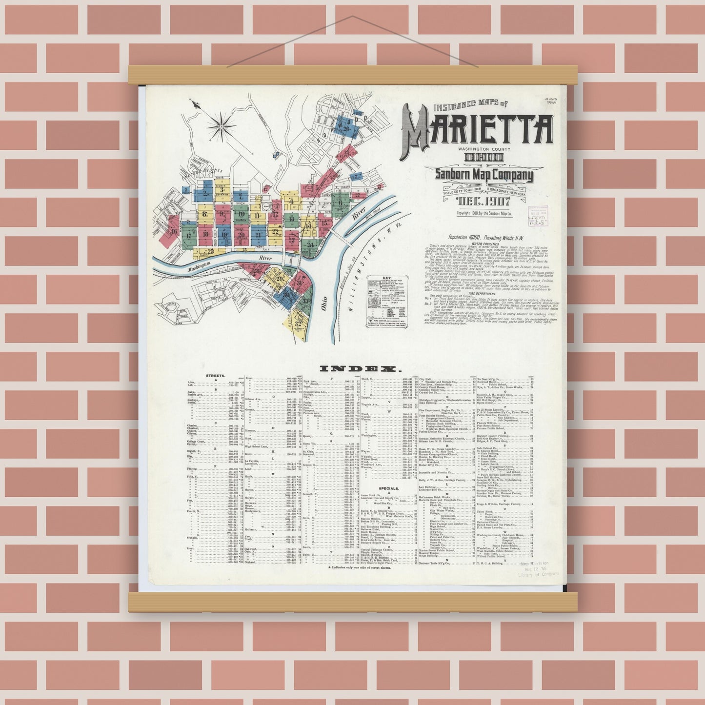 Old map wall art mockup — magnetic wood frame on brick wall — Sanborn Fire Insurance Map from Marietta, Washington County, Ohio (1907), Sheet #0001