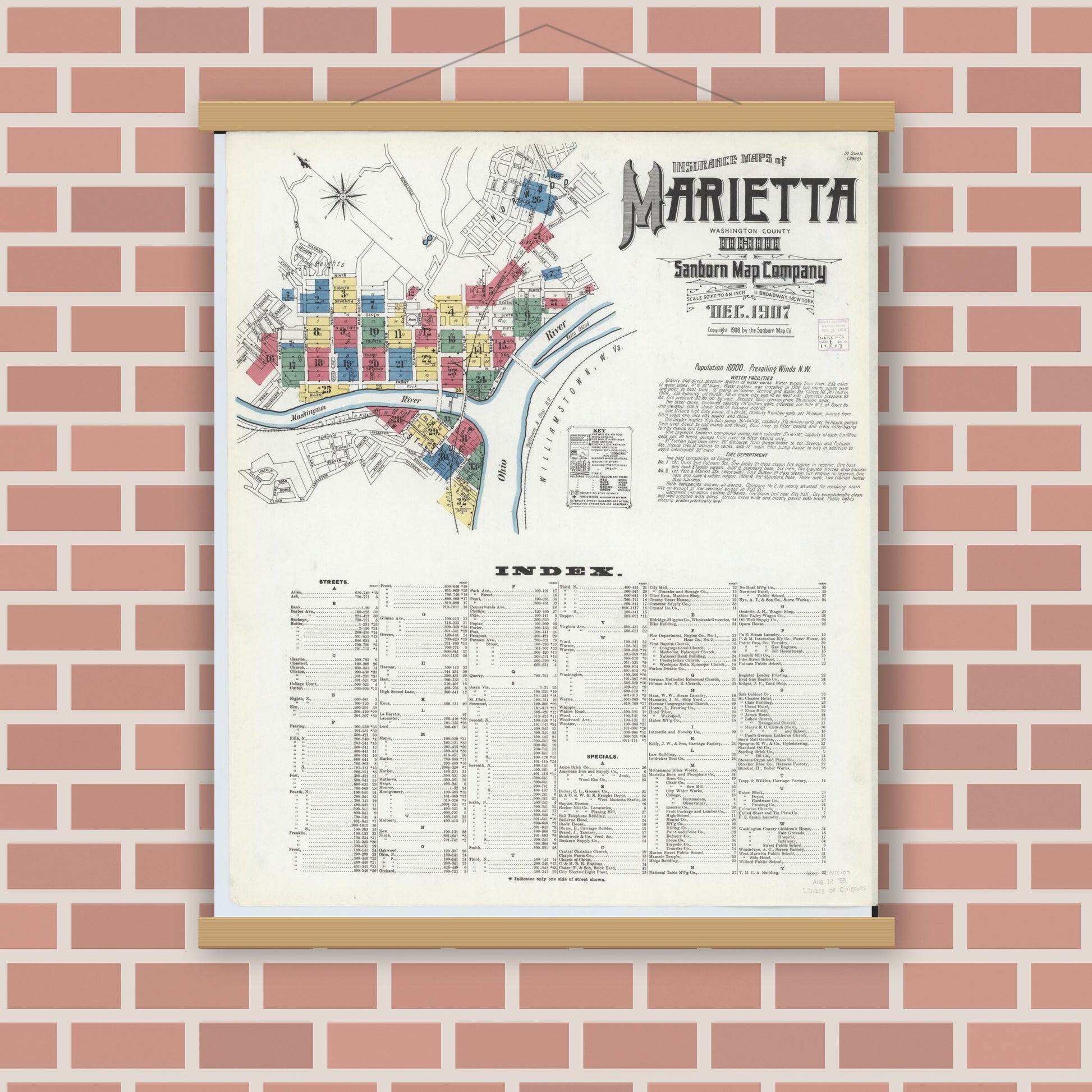 Old map wall art mockup — magnetic wood frame on brick wall — Sanborn Fire Insurance Map from Marietta, Washington County, Ohio (1907), Sheet #0001