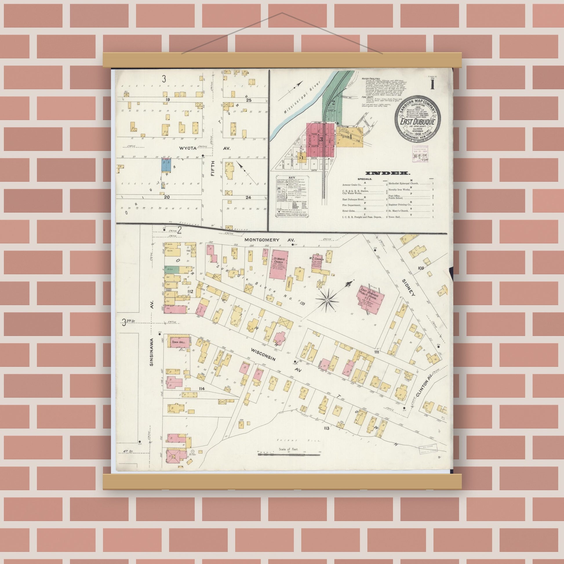 Old map wall art mockup — magnetic wood frame on brick wall — Sanborn Fire Insurance Map from East Dubuque, Jo Daviess County, Illinois (1908), Sheet #0001