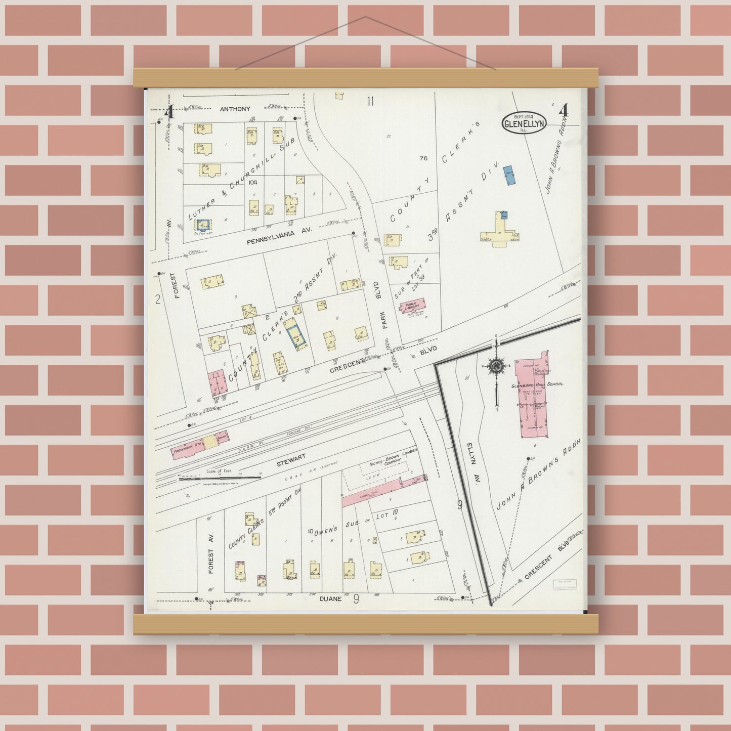 Old map wall art mockup — magnetic wood frame on brick wall — Sanborn Fire Insurance Map from Glen Ellyn, Du Page County, Illinois (1924), Sheet #0004