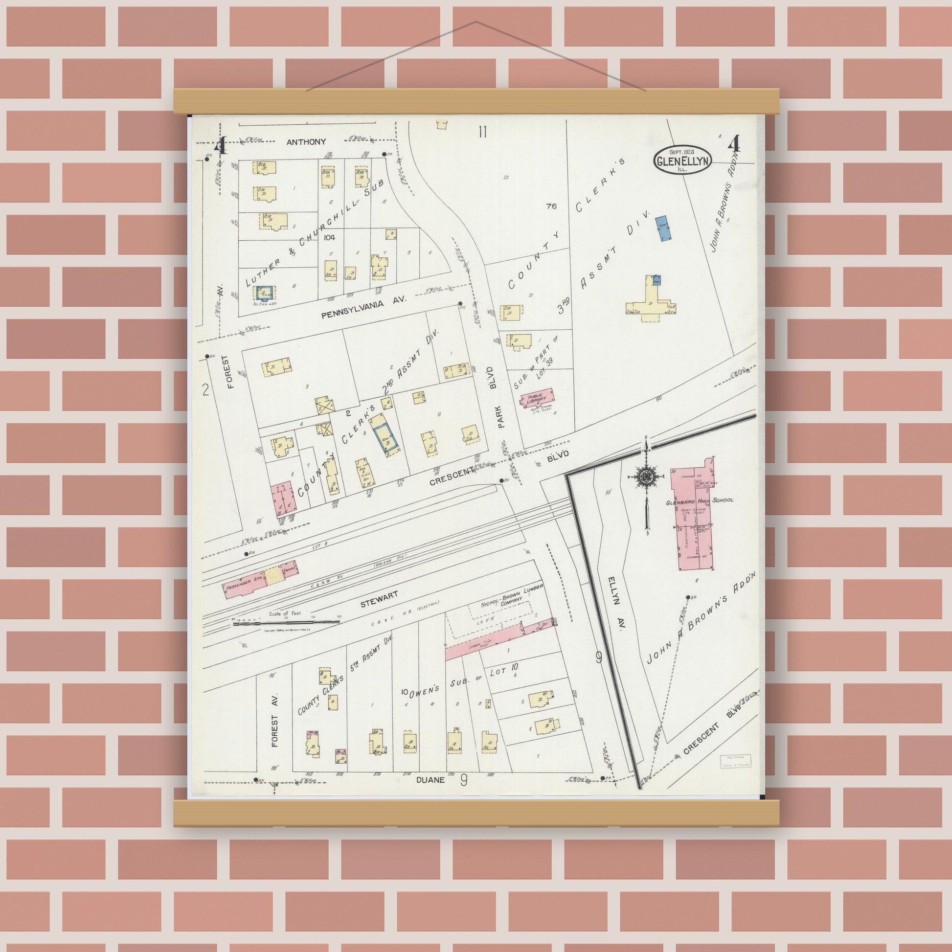 Old map wall art mockup — magnetic wood frame on brick wall — Sanborn Fire Insurance Map from Glen Ellyn, Du Page County, Illinois (1924), Sheet #0004