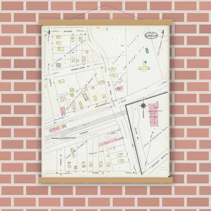 Old map wall art mockup — magnetic wood frame on brick wall — Sanborn Fire Insurance Map from Glen Ellyn, Du Page County, Illinois (1924), Sheet #0004