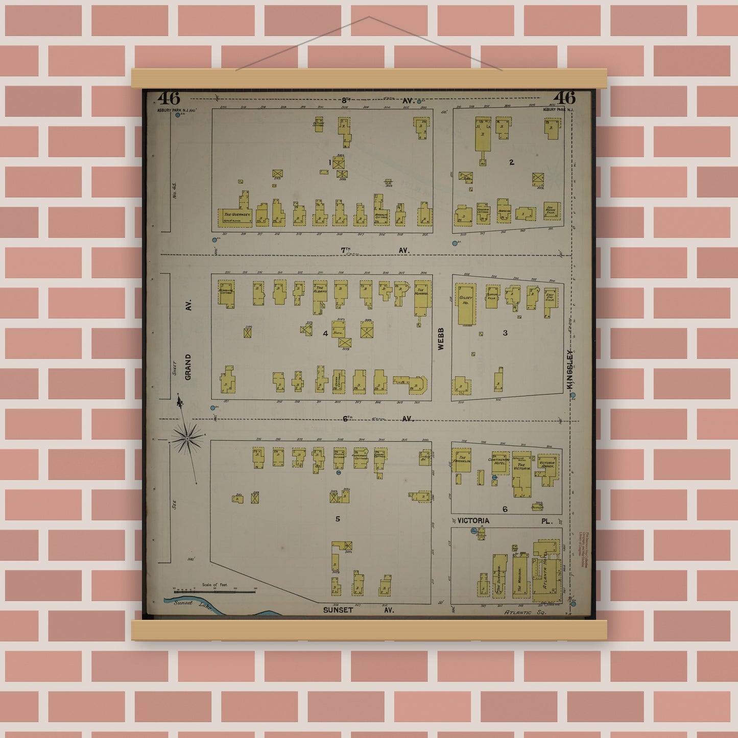 Old map wall art mockup — magnetic wood frame on brick wall — Sanborn Fire Insurance Map from New Jersey Coast, New Jersey Coast, New Jersey (1890), Sheet #0046