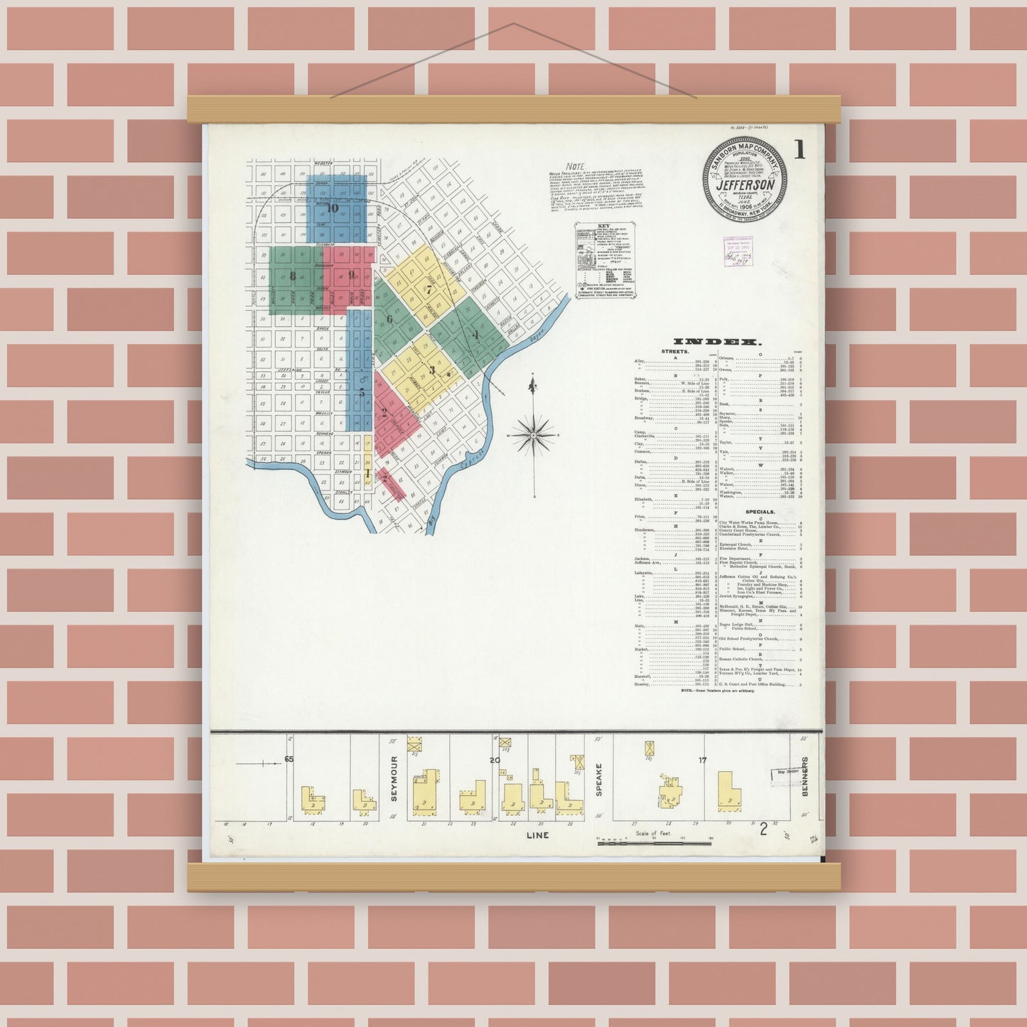 Old map wall art mockup — magnetic wood frame on brick wall — Sanborn Fire Insurance Map from Jefferson, Marion County, Texas (1906), Sheet #0001
