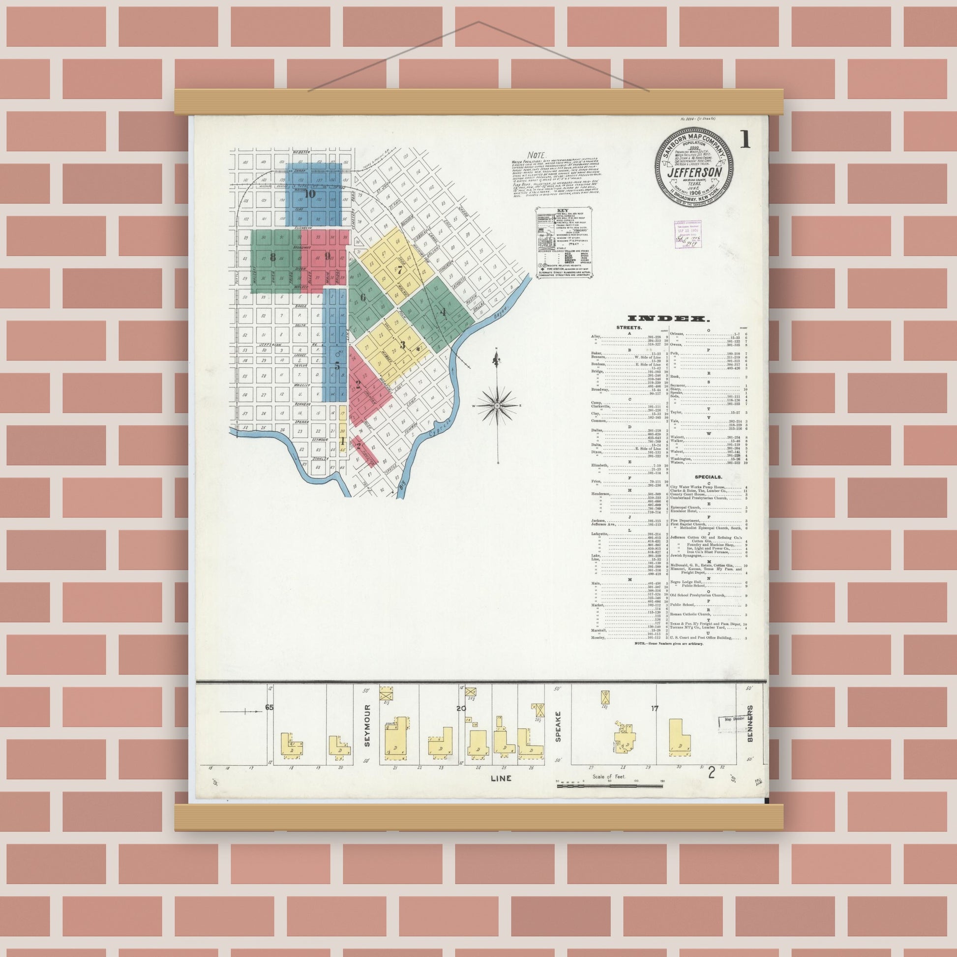 Old map wall art mockup — magnetic wood frame on brick wall — Sanborn Fire Insurance Map from Jefferson, Marion County, Texas (1906), Sheet #0001