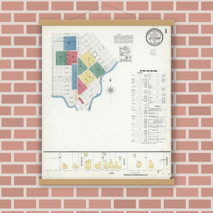 Old map wall art mockup — magnetic wood frame on brick wall — Sanborn Fire Insurance Map from Jefferson, Marion County, Texas (1906), Sheet #0001
