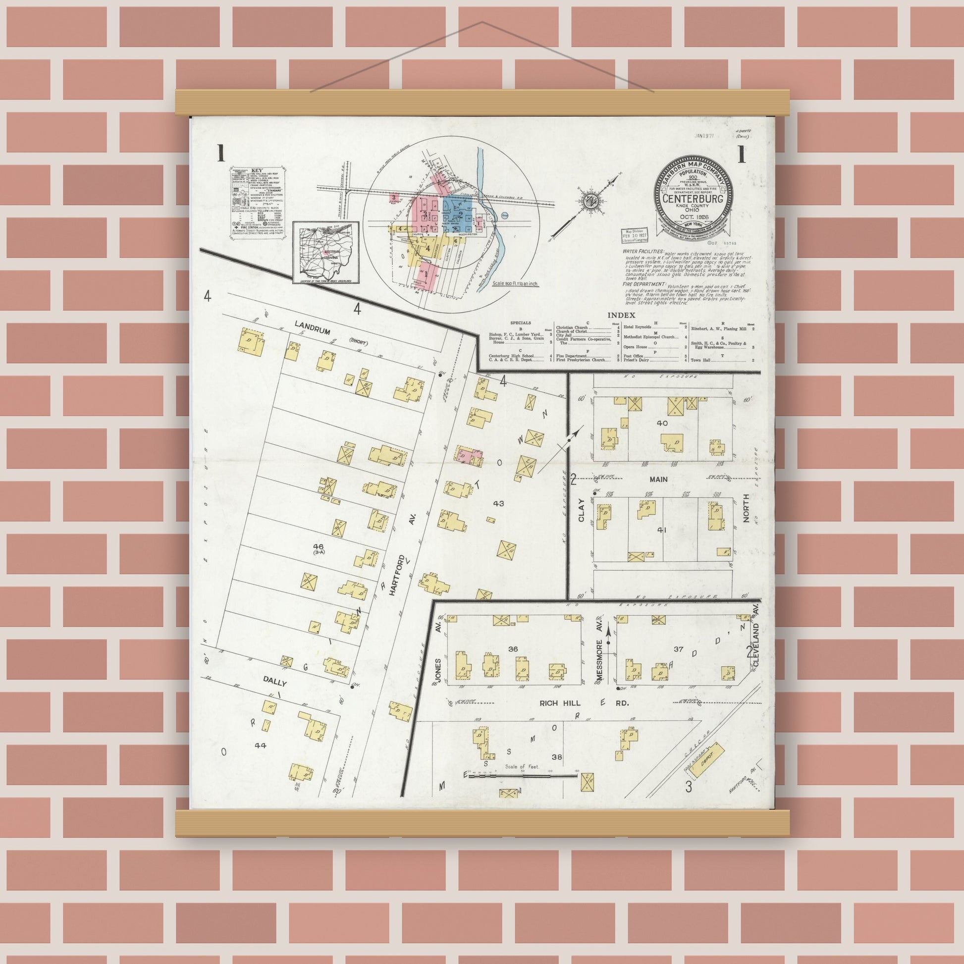 Old map wall art mockup — magnetic wood frame on brick wall — Sanborn Fire Insurance Map from Centerburg, Knox County, Ohio (1926) - Complete Map Set