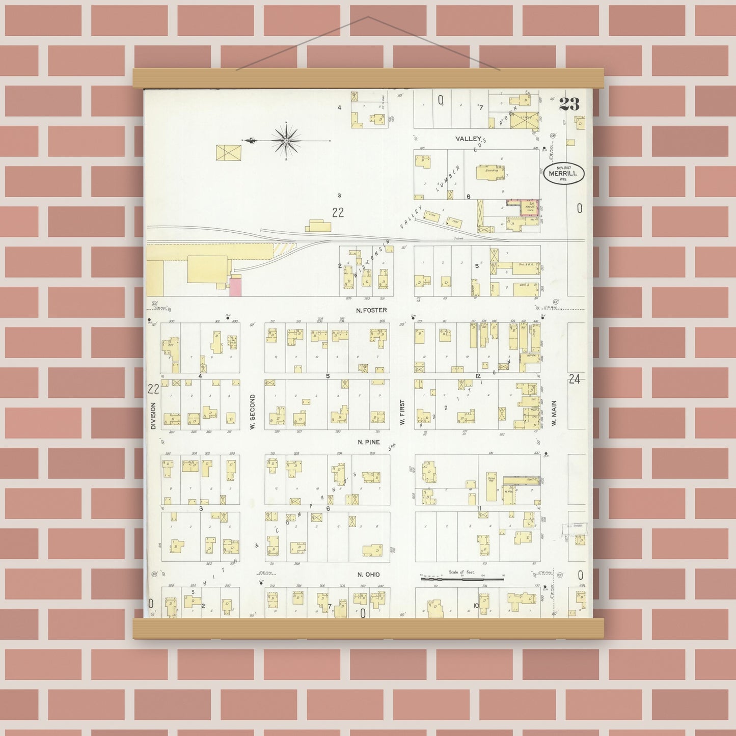 Old map wall art mockup — magnetic wood frame on brick wall — Sanborn Fire Insurance Map from Merrill, Lincoln County, Wisconsin (1907), Sheet #0023