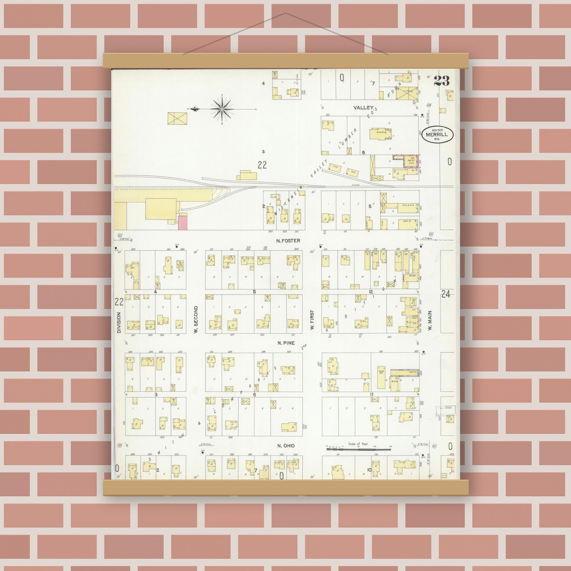 Old map wall art mockup — magnetic wood frame on brick wall — Sanborn Fire Insurance Map from Merrill, Lincoln County, Wisconsin (1907), Sheet #0023