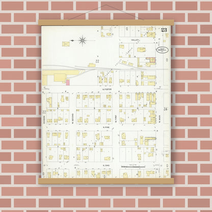 Old map wall art mockup — magnetic wood frame on brick wall — Sanborn Fire Insurance Map from Merrill, Lincoln County, Wisconsin (1907), Sheet #0023