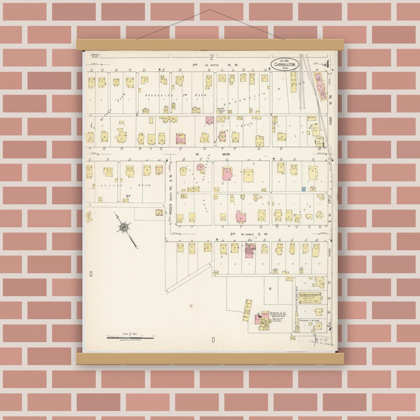 Old map wall art mockup — magnetic wood frame on brick wall — Sanborn Fire Insurance Map from Carrollton, Carroll County, Ohio (1921), Sheet #0004
