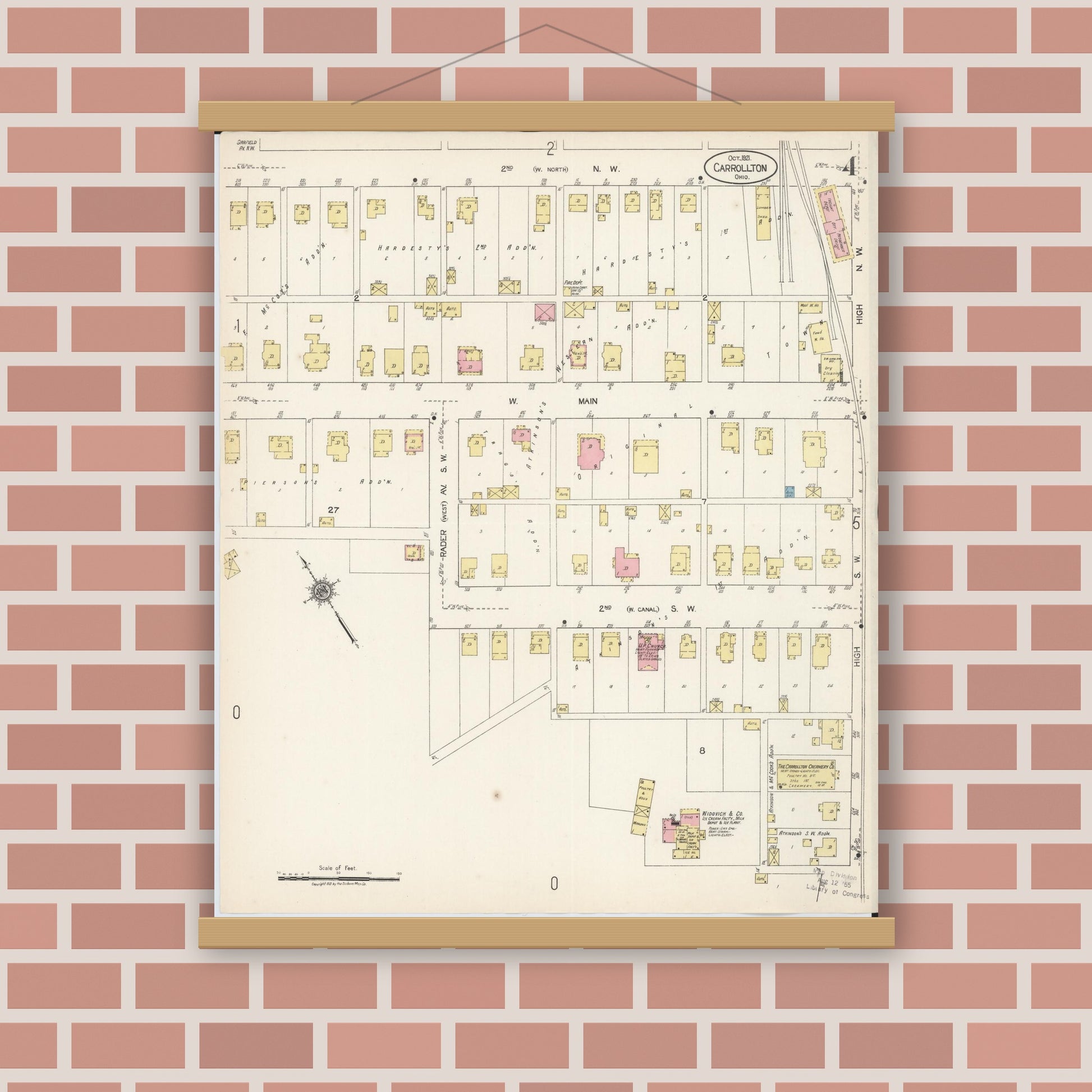 Old map wall art mockup — magnetic wood frame on brick wall — Sanborn Fire Insurance Map from Carrollton, Carroll County, Ohio (1921), Sheet #0004