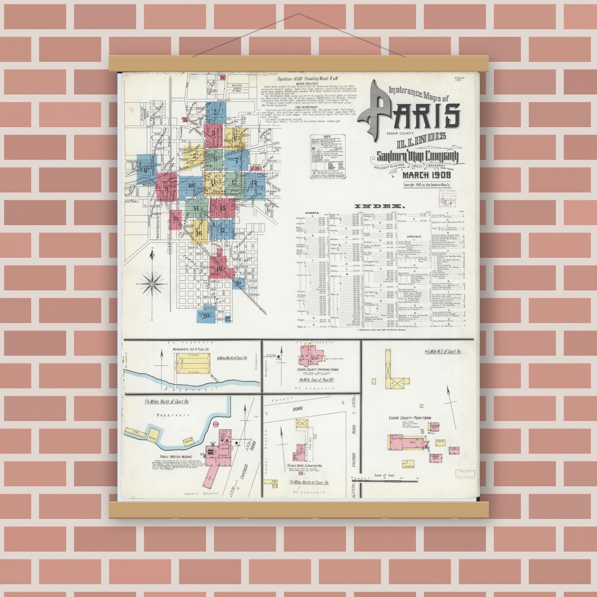 Old map wall art mockup — magnetic wood frame on brick wall — Sanborn Fire Insurance Map from Paris, Edgar County, Illinois (1908), Sheet #0001