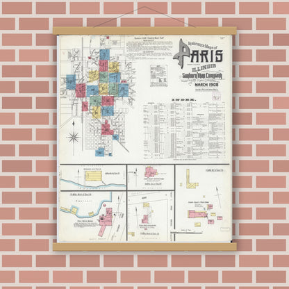 Old map wall art mockup — magnetic wood frame on brick wall — Sanborn Fire Insurance Map from Paris, Edgar County, Illinois (1908), Sheet #0001