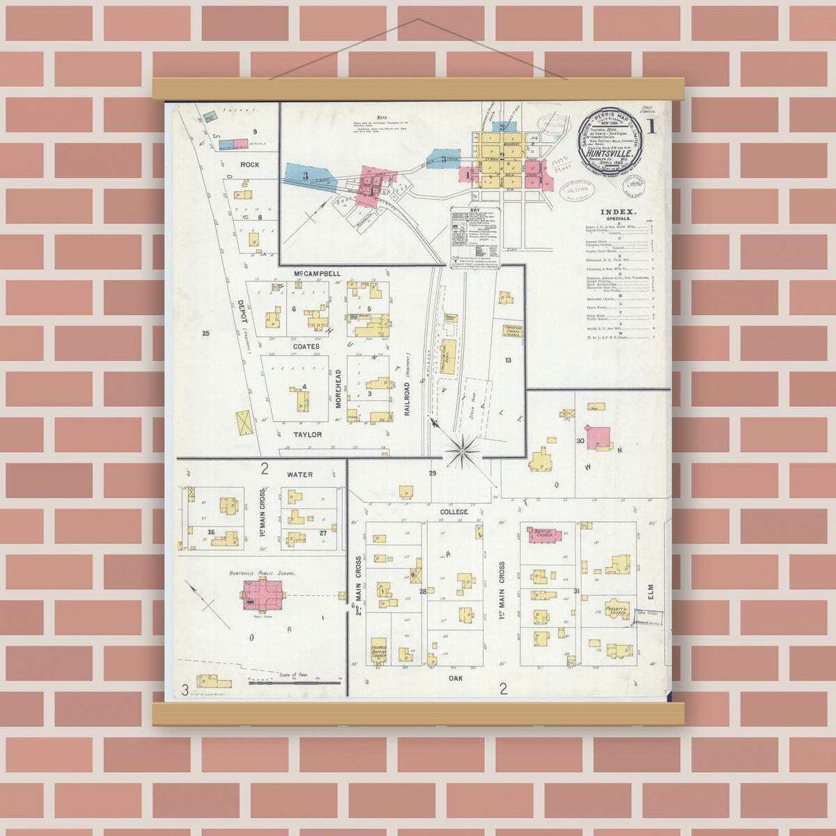 Old map wall art mockup — magnetic wood frame on brick wall — Sanborn Fire Insurance Map from Huntsville, Randolph County, Missouri (1899) - Complete Map Set