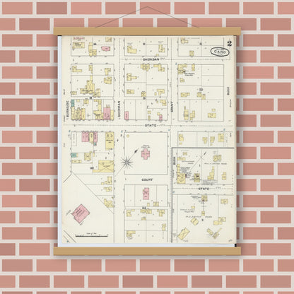 Old map wall art mockup — magnetic wood frame on brick wall — Sanborn Fire Insurance Map from Caro, Tuscola County, Michigan (1890), Sheet #0002