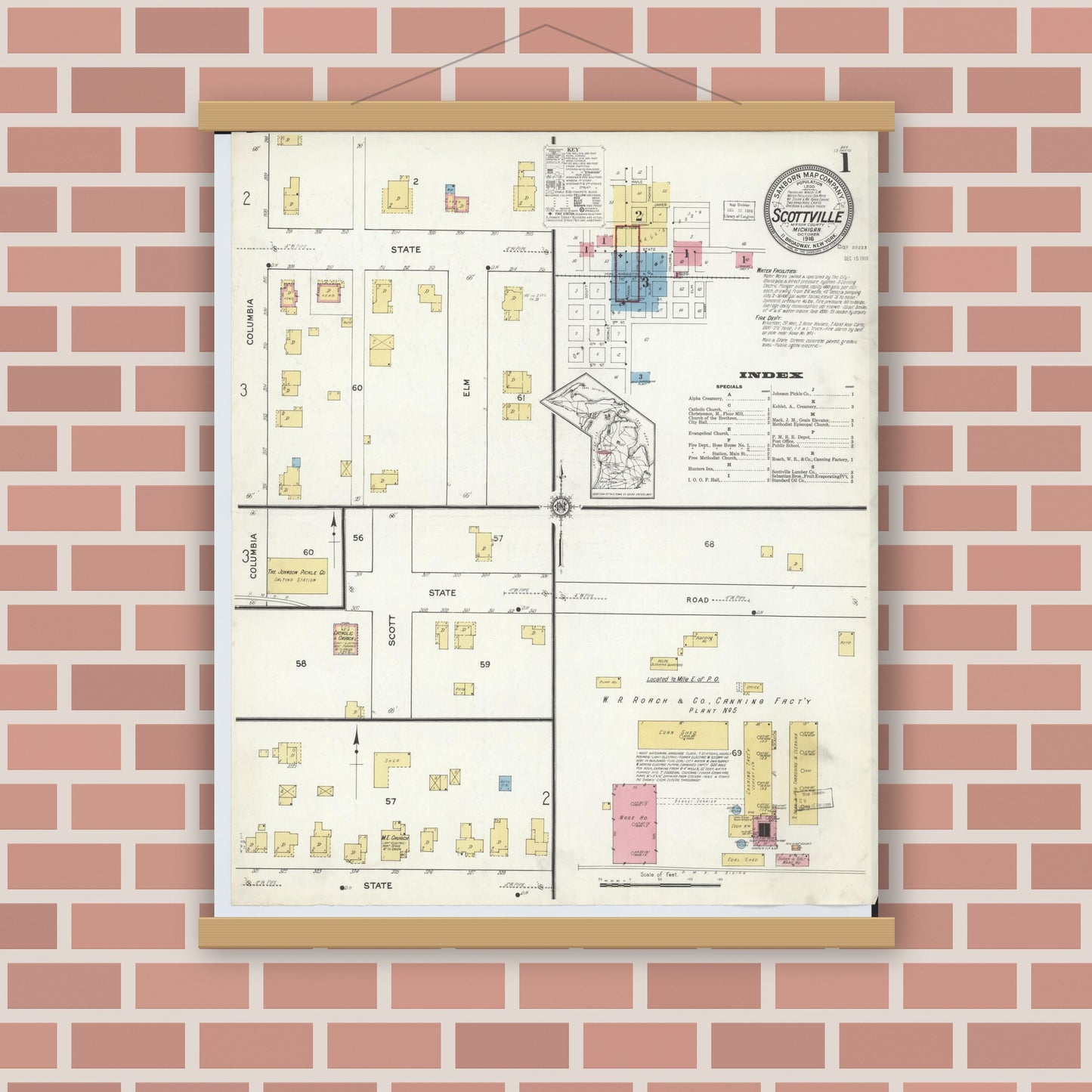 Old map wall art mockup — magnetic wood frame on brick wall — Sanborn Fire Insurance Map from Scottville, Mason County, Michigan (1916) - Complete Map Set