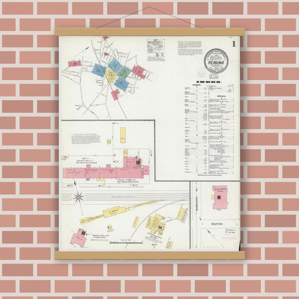 Old map wall art mockup — magnetic wood frame on brick wall — Sanborn Fire Insurance Map from Reading, Middlesex County, Massachusetts (1903) - Complete Map Set