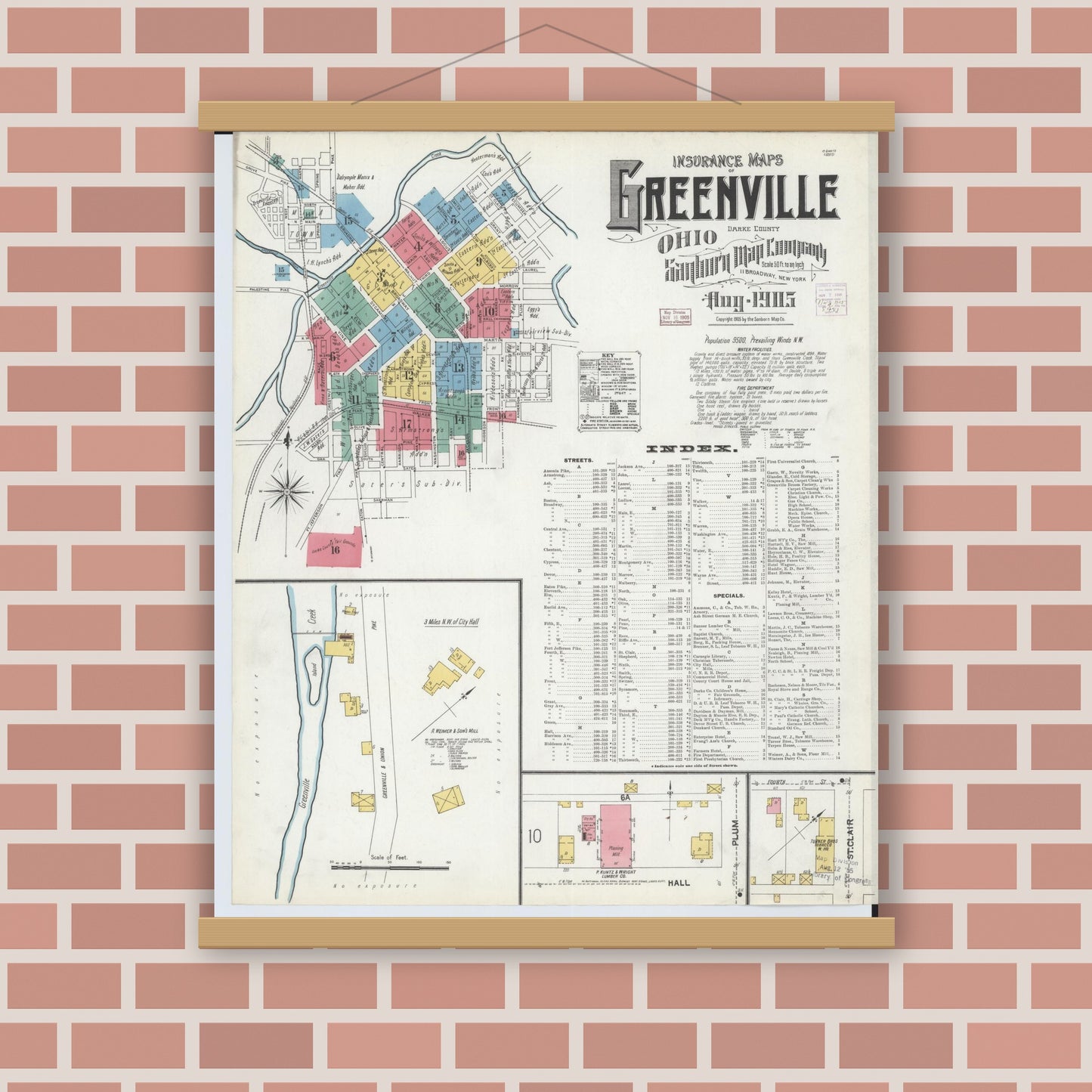 Old map wall art mockup — magnetic wood frame on brick wall — Sanborn Fire Insurance Map from Greenville, Darke County, Ohio (1905), Sheet #0001