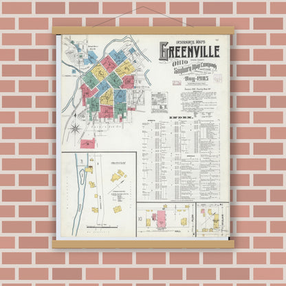 Old map wall art mockup — magnetic wood frame on brick wall — Sanborn Fire Insurance Map from Greenville, Darke County, Ohio (1905), Sheet #0001