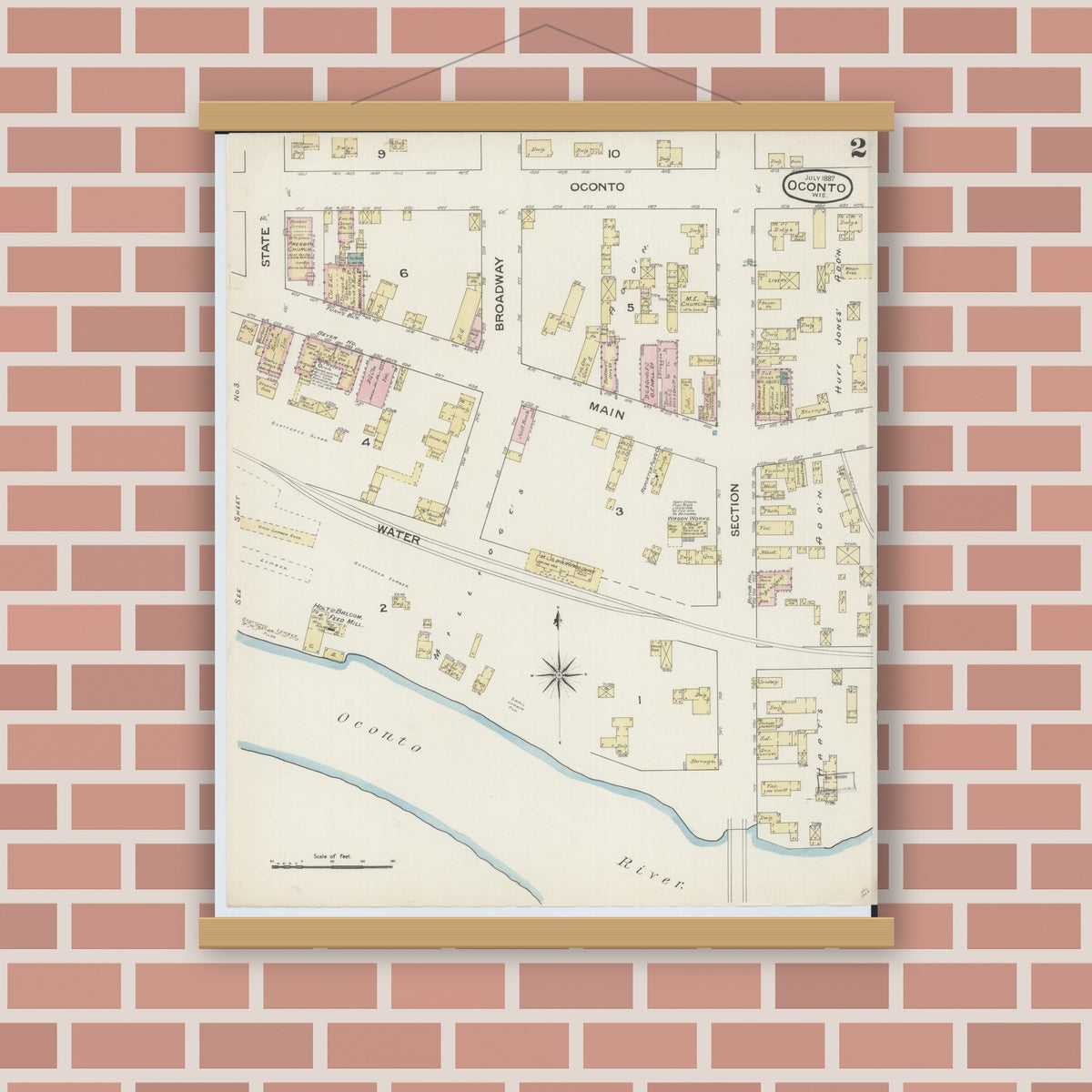 Old map wall art mockup — magnetic wood frame on brick wall — Sanborn Fire Insurance Map from Oconto, Oconto County, Wisconsin (1887), Sheet #0002