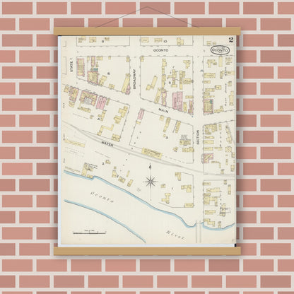 Old map wall art mockup — magnetic wood frame on brick wall — Sanborn Fire Insurance Map from Oconto, Oconto County, Wisconsin (1887), Sheet #0002