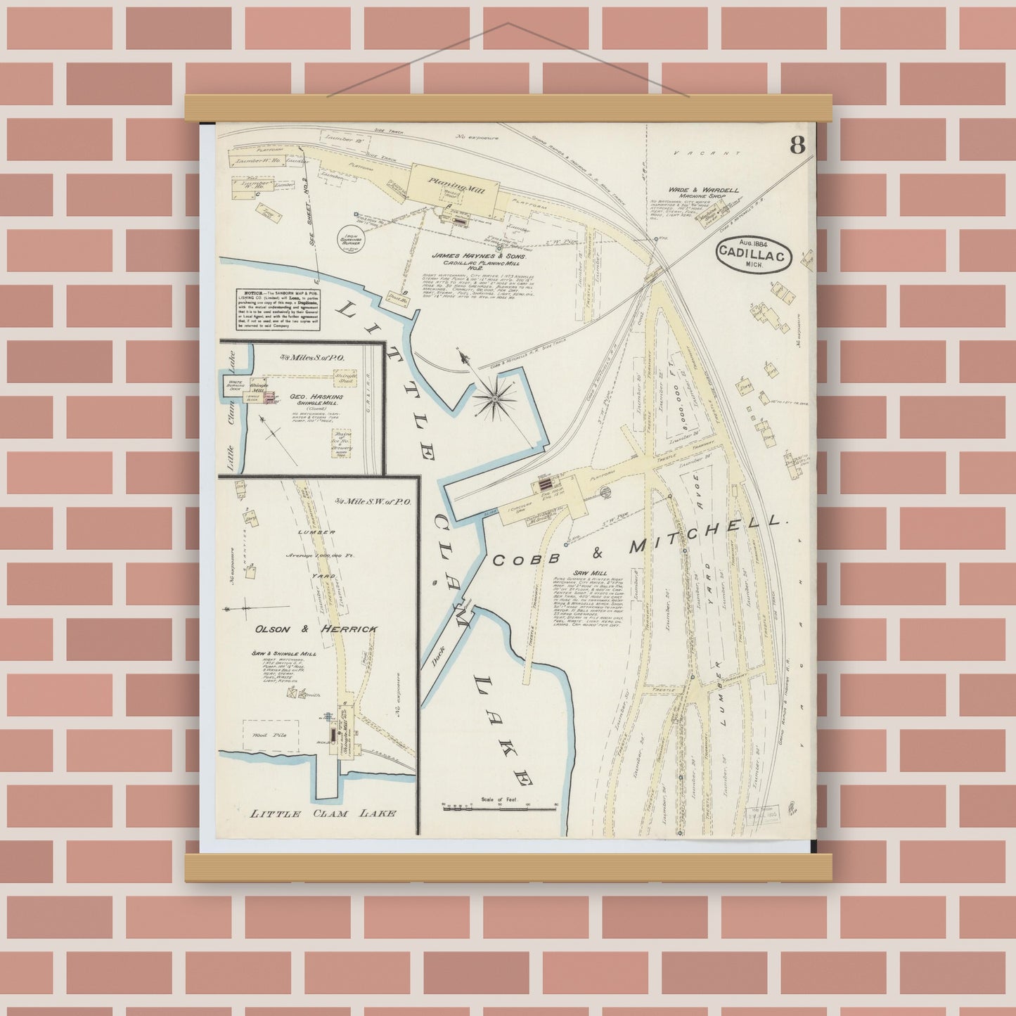 Old map wall art mockup — magnetic wood frame on brick wall — Sanborn Fire Insurance Map from Cadillac, Wexford County, Michigan (1884), Sheet #0008