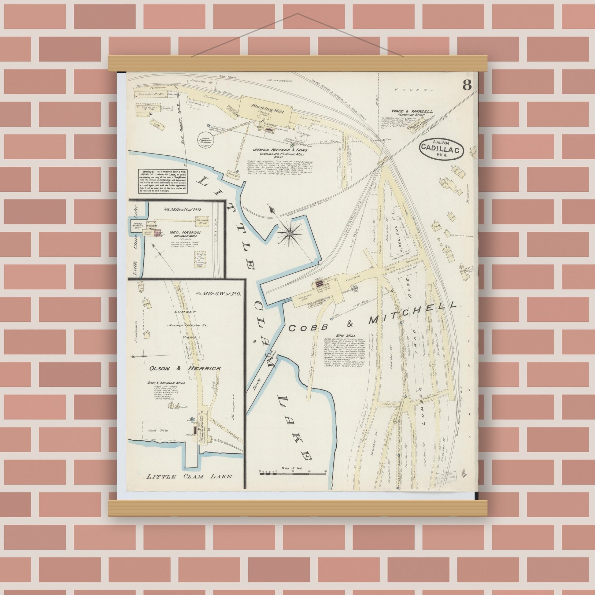 Old map wall art mockup — magnetic wood frame on brick wall — Sanborn Fire Insurance Map from Cadillac, Wexford County, Michigan (1884), Sheet #0008