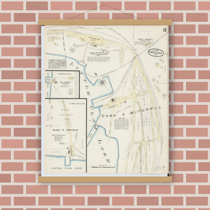 Old map wall art mockup — magnetic wood frame on brick wall — Sanborn Fire Insurance Map from Cadillac, Wexford County, Michigan (1884), Sheet #0008