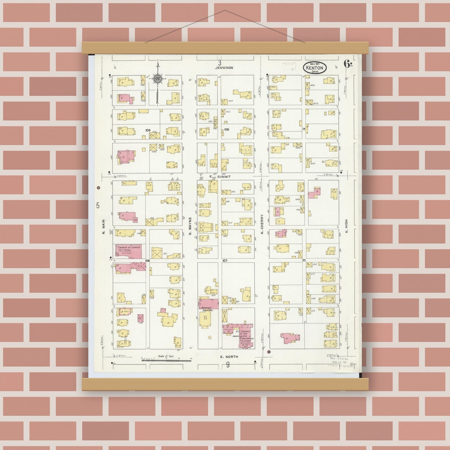 Old map wall art mockup — magnetic wood frame on brick wall — Sanborn Fire Insurance Map from Kenton, Hardin County, Ohio (1911), Sheet #0006