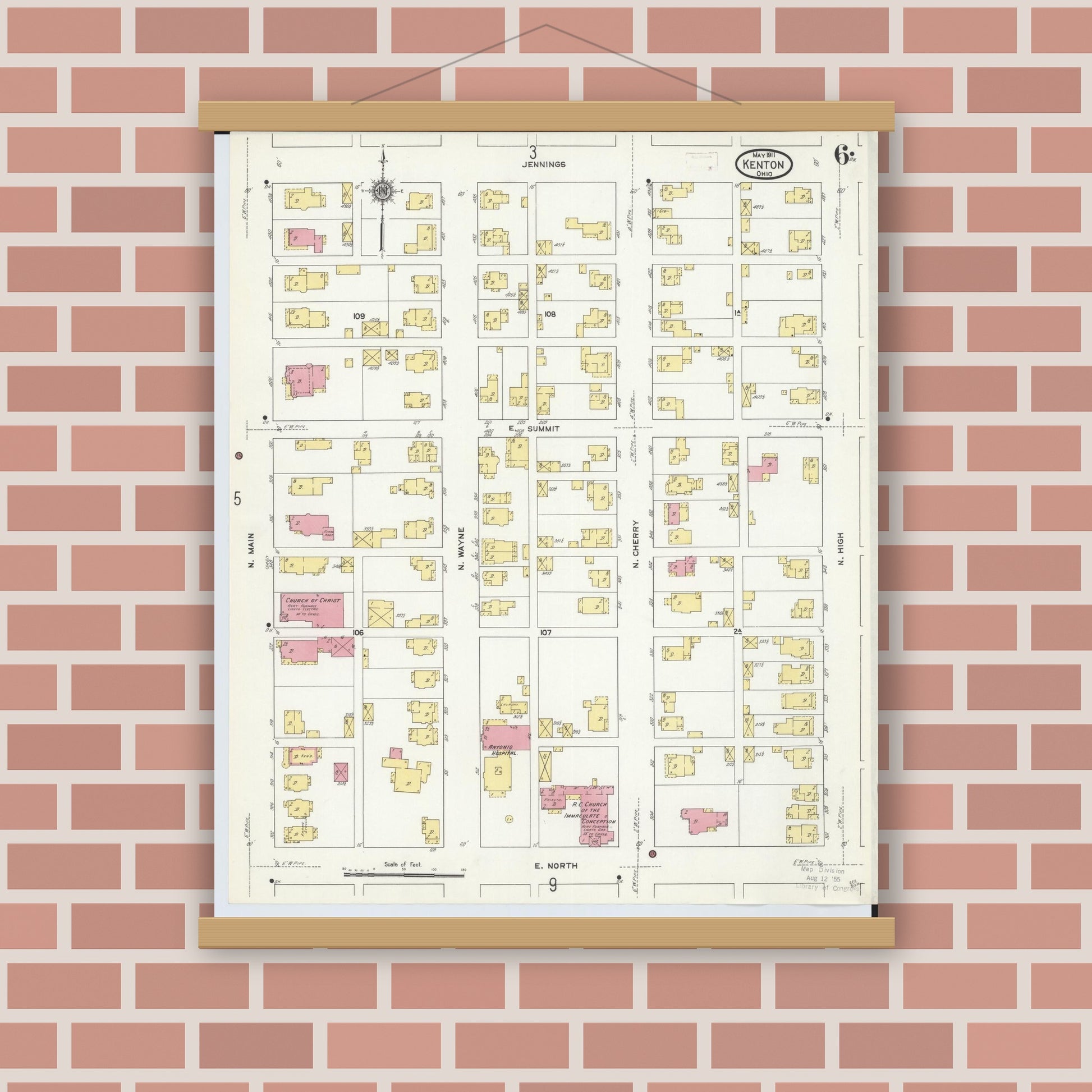 Old map wall art mockup — magnetic wood frame on brick wall — Sanborn Fire Insurance Map from Kenton, Hardin County, Ohio (1911), Sheet #0006