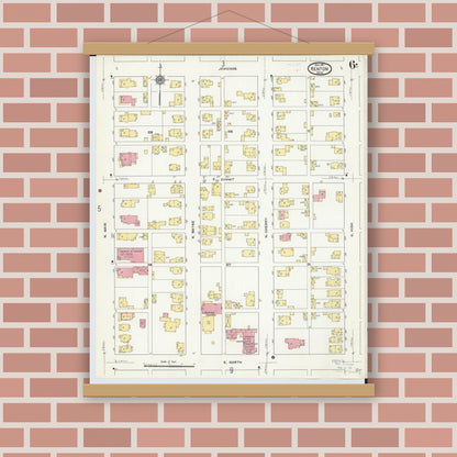 Old map wall art mockup — magnetic wood frame on brick wall — Sanborn Fire Insurance Map from Kenton, Hardin County, Ohio (1911), Sheet #0006