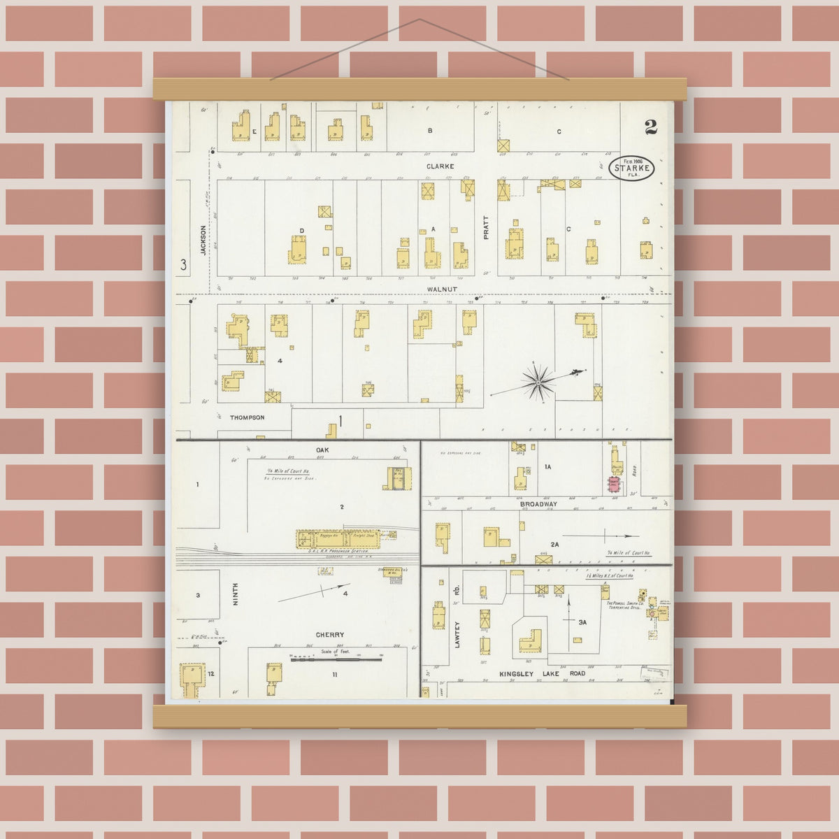 Old map wall art mockup — magnetic wood frame on brick wall — Sanborn Fire Insurance Map from Starke, Bradford County, Florida (1906), Sheet #0002