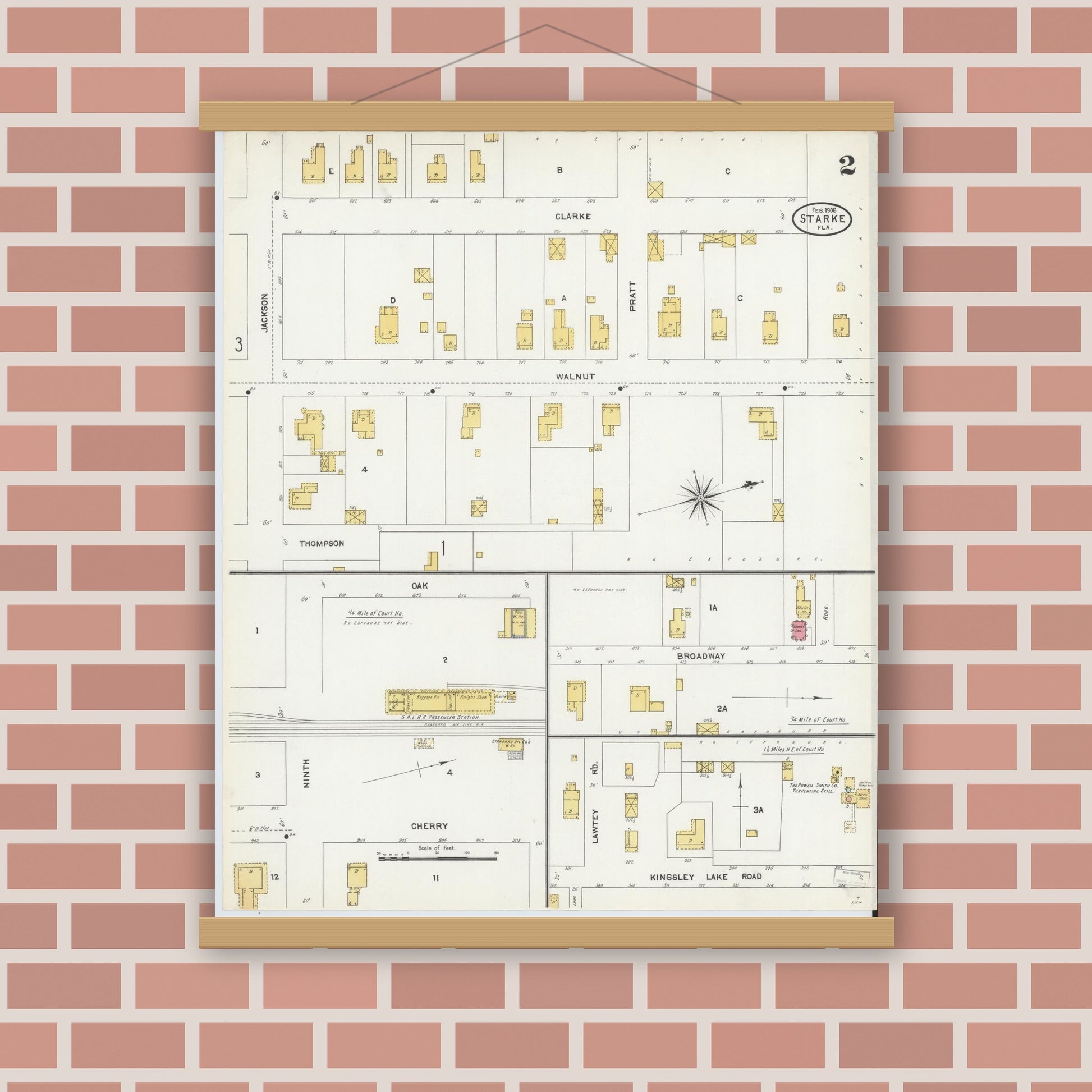 Old map wall art mockup — magnetic wood frame on brick wall — Sanborn Fire Insurance Map from Starke, Bradford County, Florida (1906), Sheet #0002