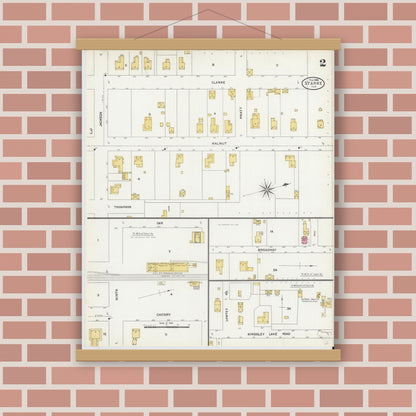 Old map wall art mockup — magnetic wood frame on brick wall — Sanborn Fire Insurance Map from Starke, Bradford County, Florida (1906), Sheet #0002