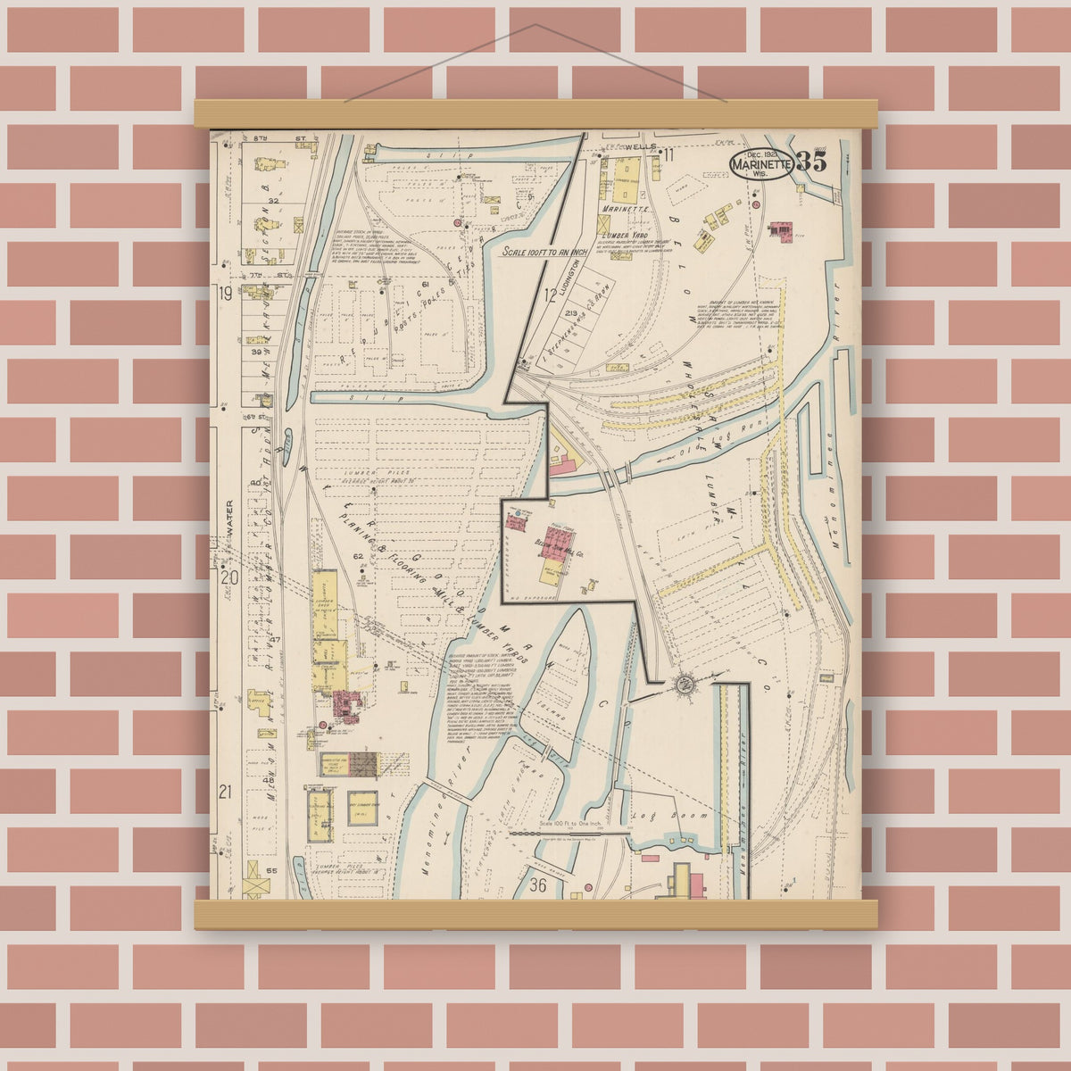 Old map wall art mockup — magnetic wood frame on brick wall — Sanborn Fire Insurance Map from Marinette, Marinette County, Wisconsin (1921), Sheet #0035