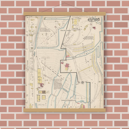 Old map wall art mockup — magnetic wood frame on brick wall — Sanborn Fire Insurance Map from Marinette, Marinette County, Wisconsin (1921), Sheet #0035