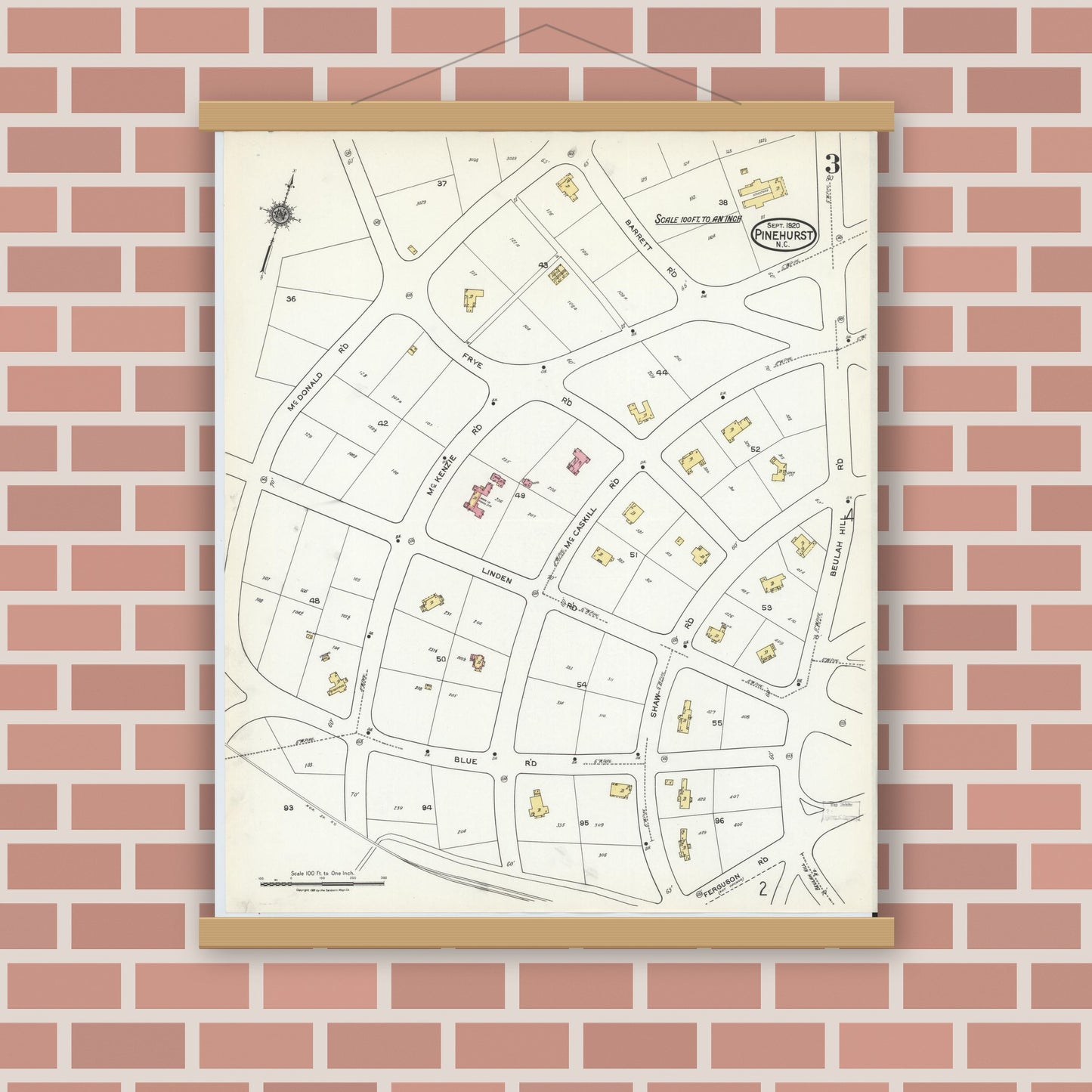 Old map wall art mockup — magnetic wood frame on brick wall — Sanborn Fire Insurance Map from Pinehurst, Moore County, North Carolina (1920), Sheet #0003