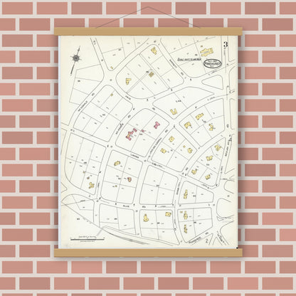 Old map wall art mockup — magnetic wood frame on brick wall — Sanborn Fire Insurance Map from Pinehurst, Moore County, North Carolina (1920), Sheet #0003