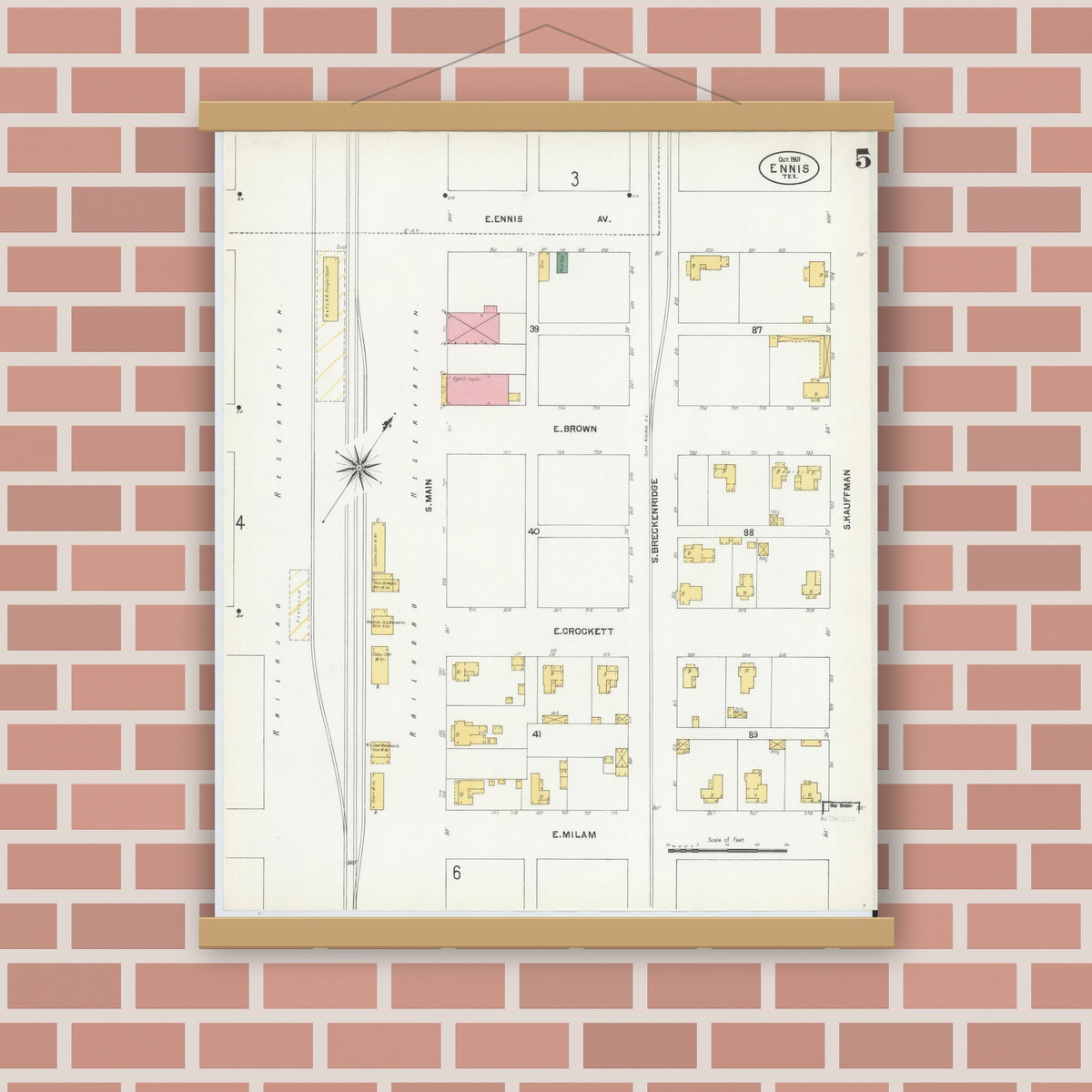 Old map wall art mockup — magnetic wood frame on brick wall — Sanborn Fire Insurance Map from Ennis, Ellis County, Texas (1901), Sheet #0005