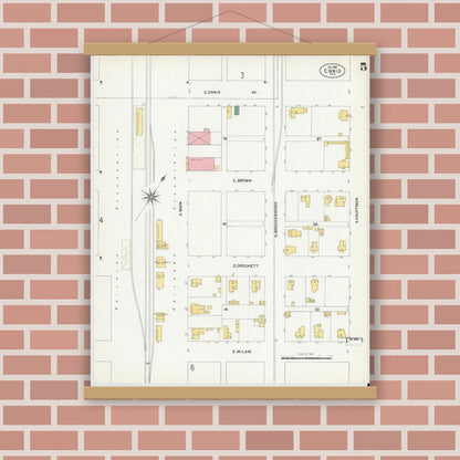 Old map wall art mockup — magnetic wood frame on brick wall — Sanborn Fire Insurance Map from Ennis, Ellis County, Texas (1901), Sheet #0005