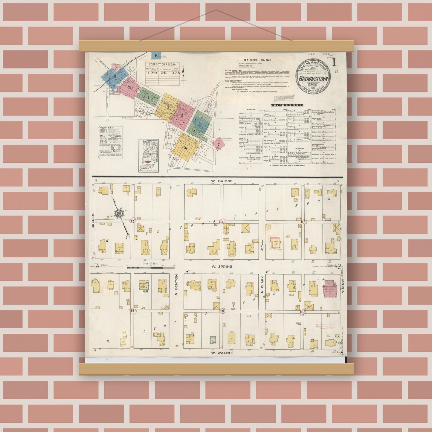 Old map wall art mockup — magnetic wood frame on brick wall — Sanborn Fire Insurance Map from Brownstown, Jackson County, Indiana (1933) - Complete Map Set